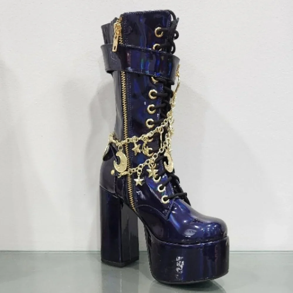 🦋🔥💋HOT ITEM! 💋🦋🔥Holographic Midnight Blue Moon & Star Chain Leather Boots